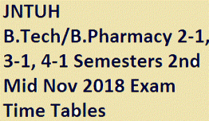 JNTUH B.Tech/B.Pharmacy 2-1, 3-1, 4-1 Semesters 2nd Mid Nov 2018 Exam Time Tables