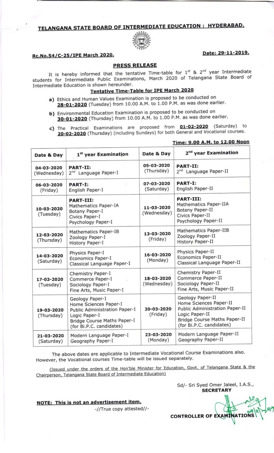 TS Intermediate time table 2020Telangana Inter 1st, 2nd Year Exam Time