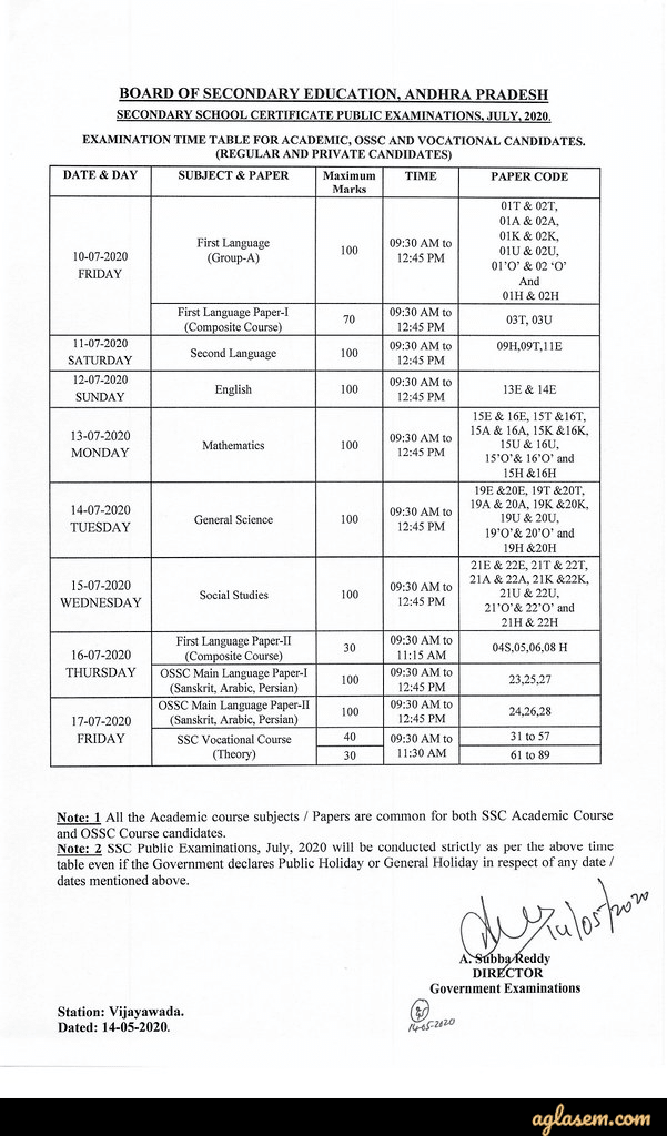 AP 10th Class Revised Time Table