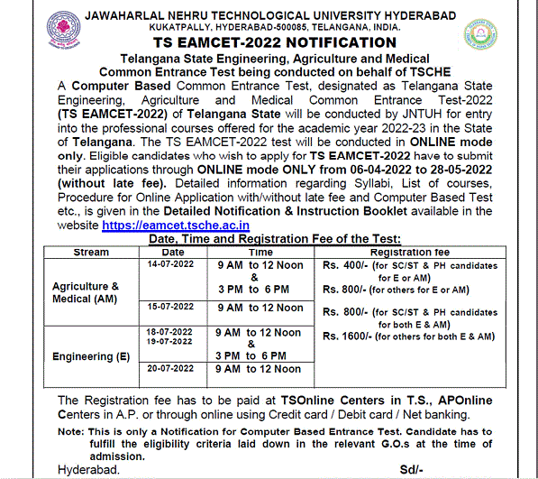 TS EAMCET 2023 Notification, Exam dates, Apply Online Procedure