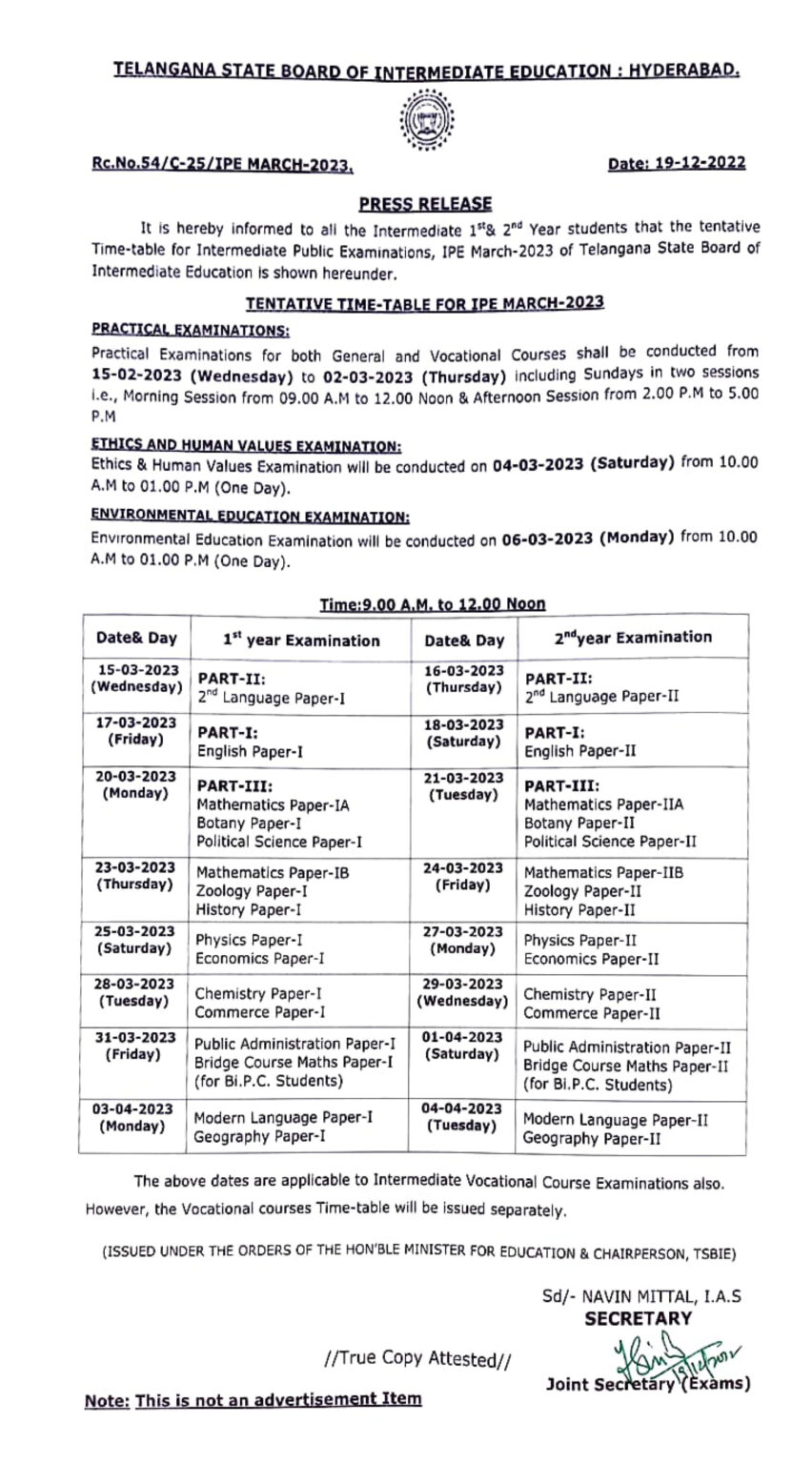 TS Intermediate Time Table 2024Telangana Inter 1st, 2nd Year Exam Time
