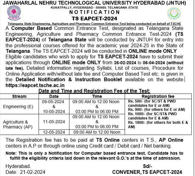 TS EAPCET 2024 Notification, Exam dates, Apply Online Procedure