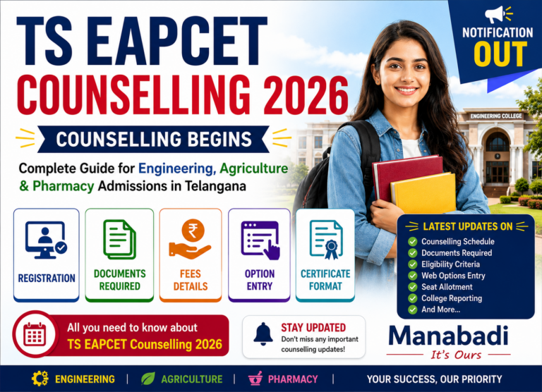 TS EAPCET Counselling 2026: Notification Out, Counselling Begins, Registration, Documents Required, Fees, Option Entry, Certificate Format at Manabadi