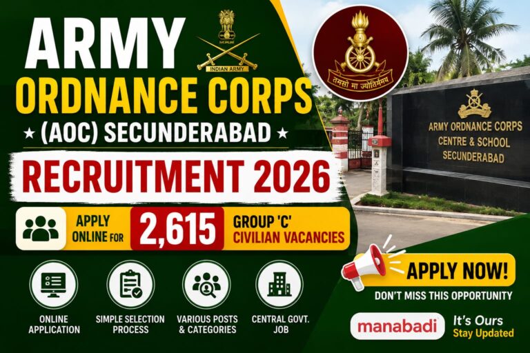 Army Ordnance Corps (AOC) Secunderabad Recruitment 2026: Apply Online for 2,615 Group ‘C’ Civilian Vacancies at Manabadi